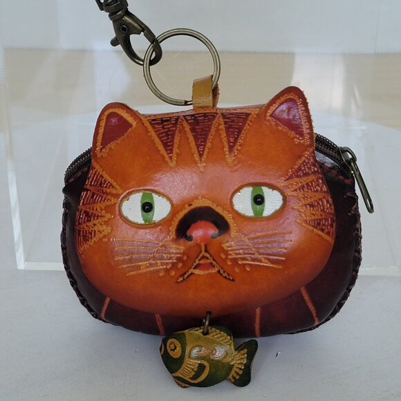 Leather Cat Kitty Face With Fish Charm Handcrafted Wristlet Coin Change Pouch - Picture 2 of 16